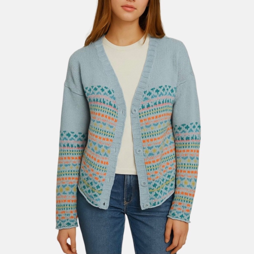 Sundance Molly Fair Isle Merino Wool Blend V-Neck Cardigan Sweater in Blue Multi - Picture 4 of 9